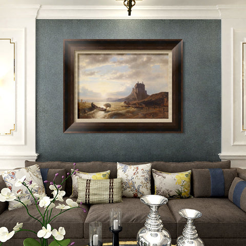 INVIN ART Framed Canvas Art Giclee Print A boat landing in the sunset#2 by Albert Bierstadt Wall Art Living Room Home Office Decorations