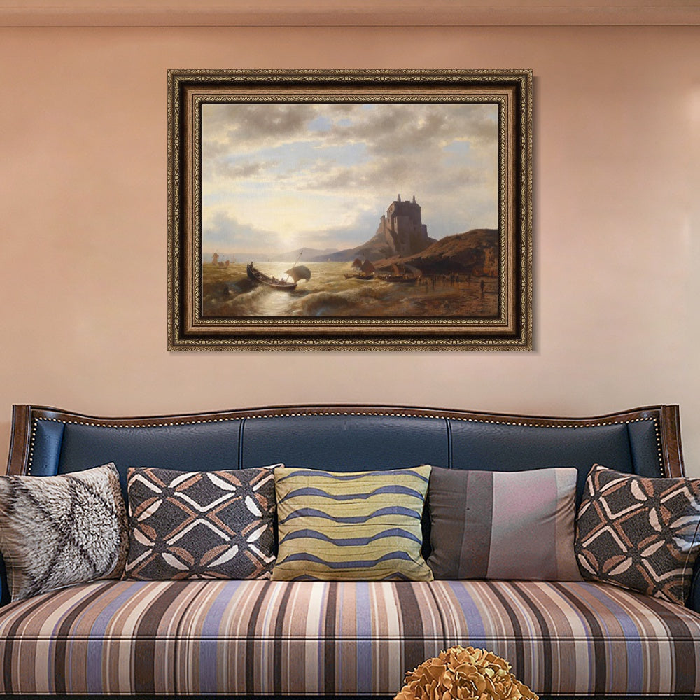 INVIN ART Framed Canvas Art Giclee Print A boat landing in the sunset#2 by Albert Bierstadt Wall Art