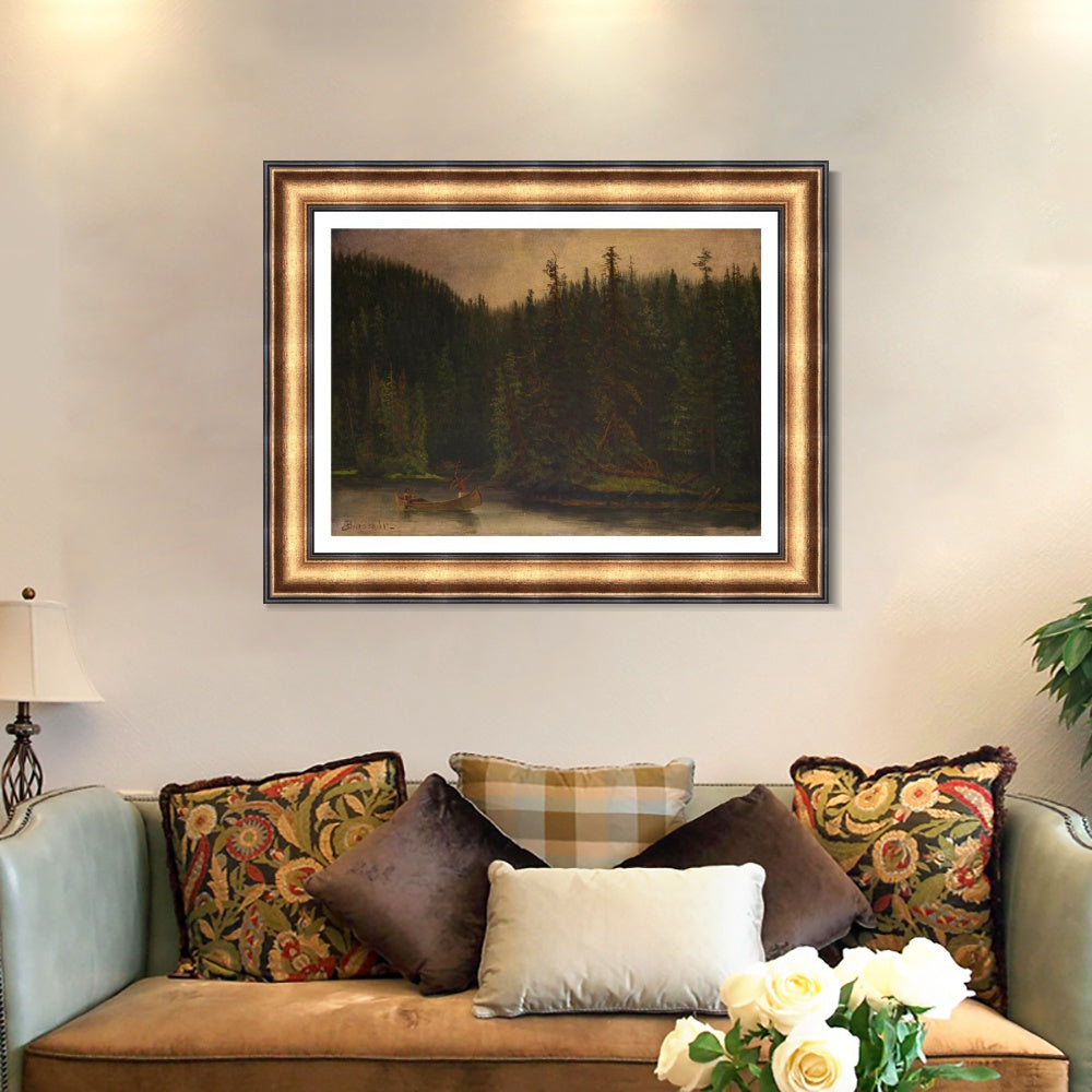 INVIN ART Framed Canvas Art Giclee Print A lonely boat in the quiet lake by Albert Bierstadt Wall Art