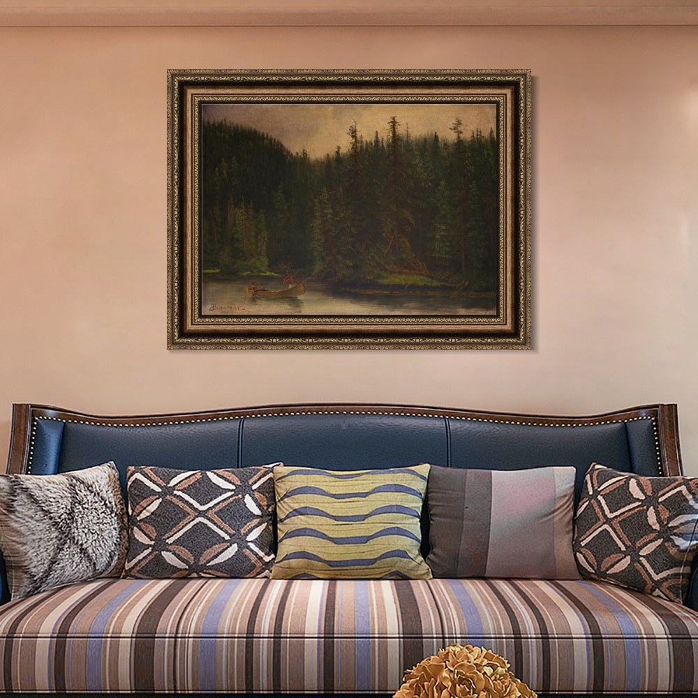 INVIN ART Framed Canvas Art Giclee Print A lonely boat in the quiet lake by Albert Bierstadt Wall Art