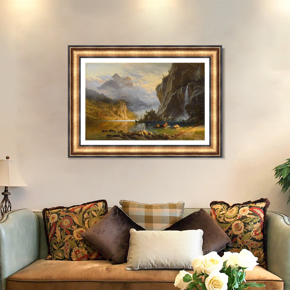 INVIN ART Framed Canvas Art Giclee Print A boat with lake and mountain#2 by Albert Bierstadt Wall Art