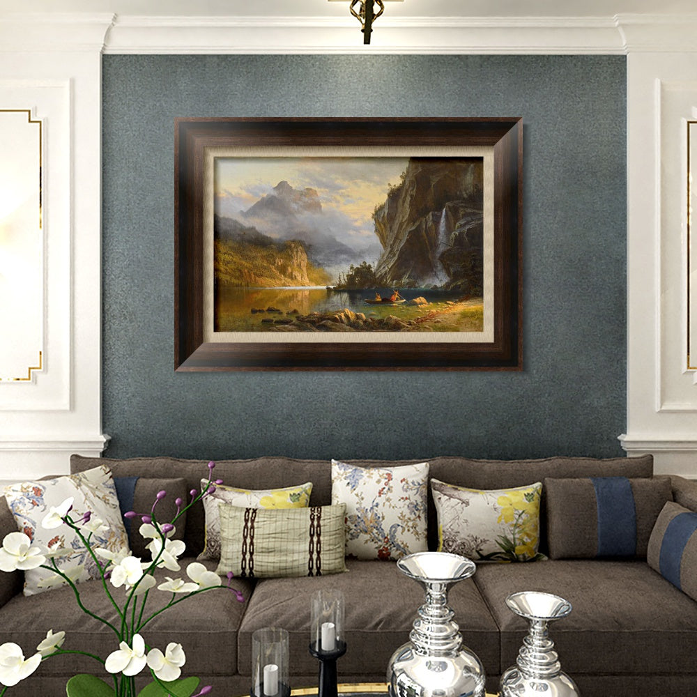 INVIN ART Framed Canvas Art Giclee Print A boat with lake and mountain#2 by Albert Bierstadt Wall Art