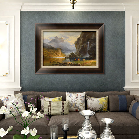 INVIN ART Framed Canvas Art Giclee Print A boat with lake and mountain#2 by Albert Bierstadt Wall Art Living Room Home Office Decorations