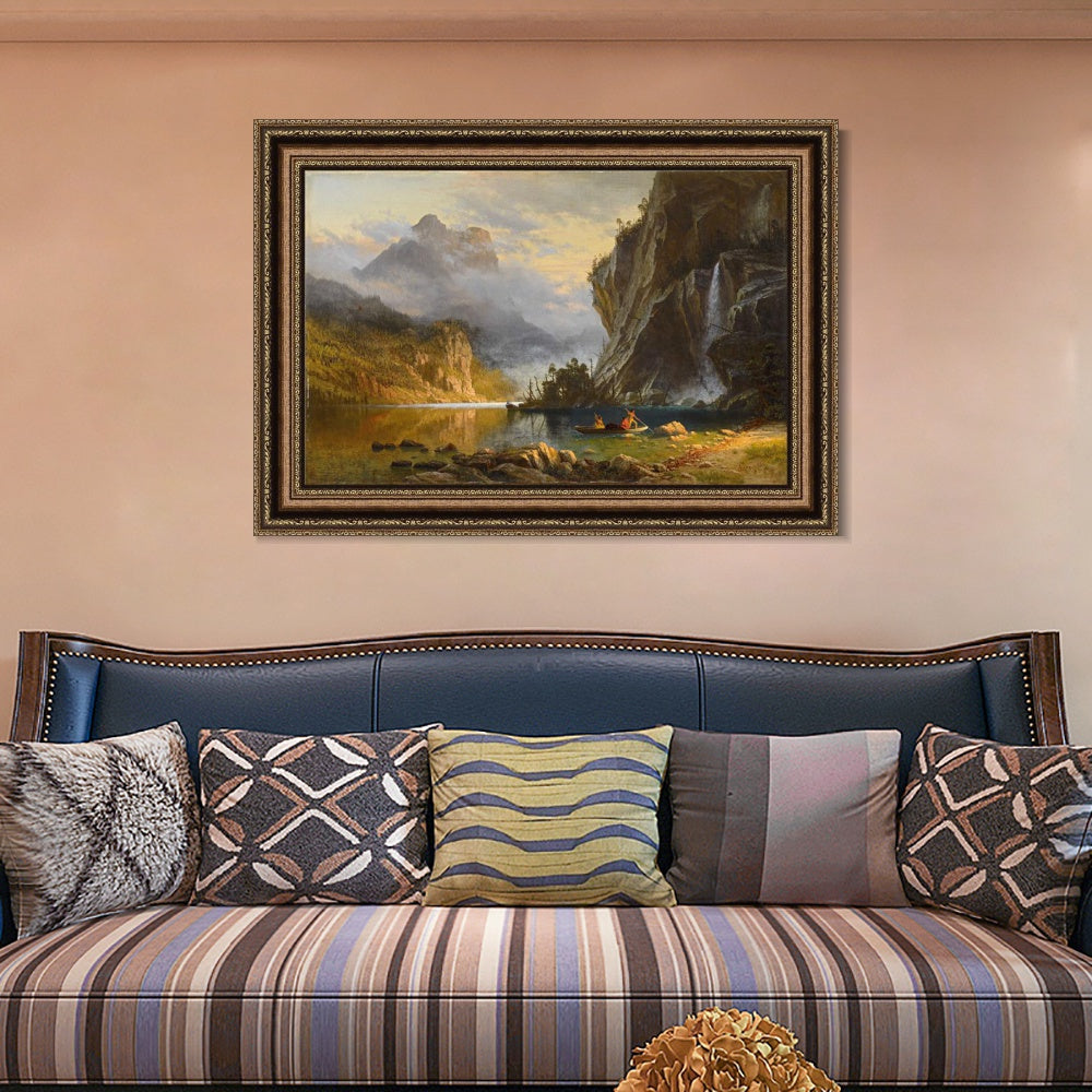 INVIN ART Framed Canvas Art Giclee Print A boat with lake and mountain#2 by Albert Bierstadt Wall Art