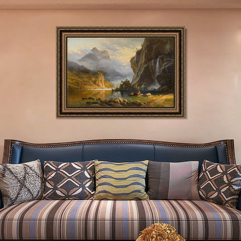 INVIN ART Framed Canvas Art Giclee Print A boat with lake and mountain#2 by Albert Bierstadt Wall Art Living Room Home Office Decorations