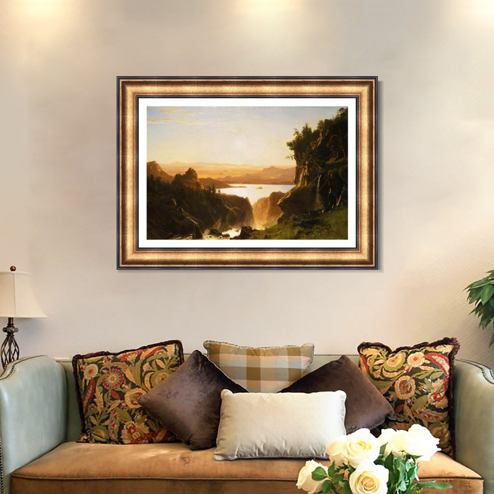INVIN ART Framed Canvas Art Giclee Print Golden light shining to the lake by Albert Bierstadt Wall Art