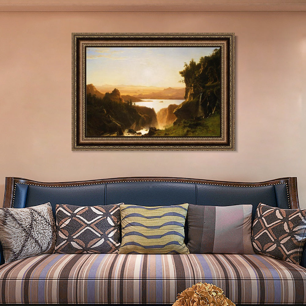 INVIN ART Framed Canvas Art Giclee Print Golden light shining to the lake by Albert Bierstadt Wall Art