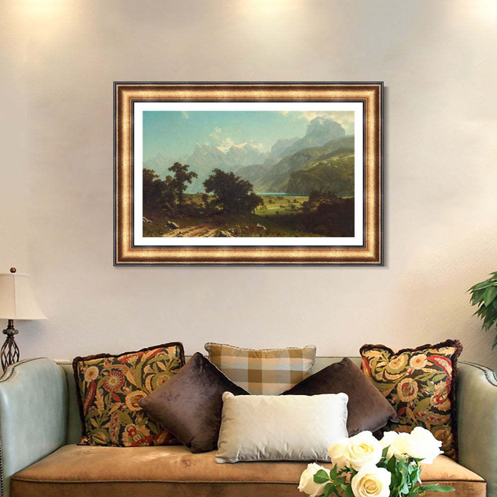 INVIN ART Framed Canvas Art Giclee Print By a Mountain Lake by Albert Bierstadt Wall Art
