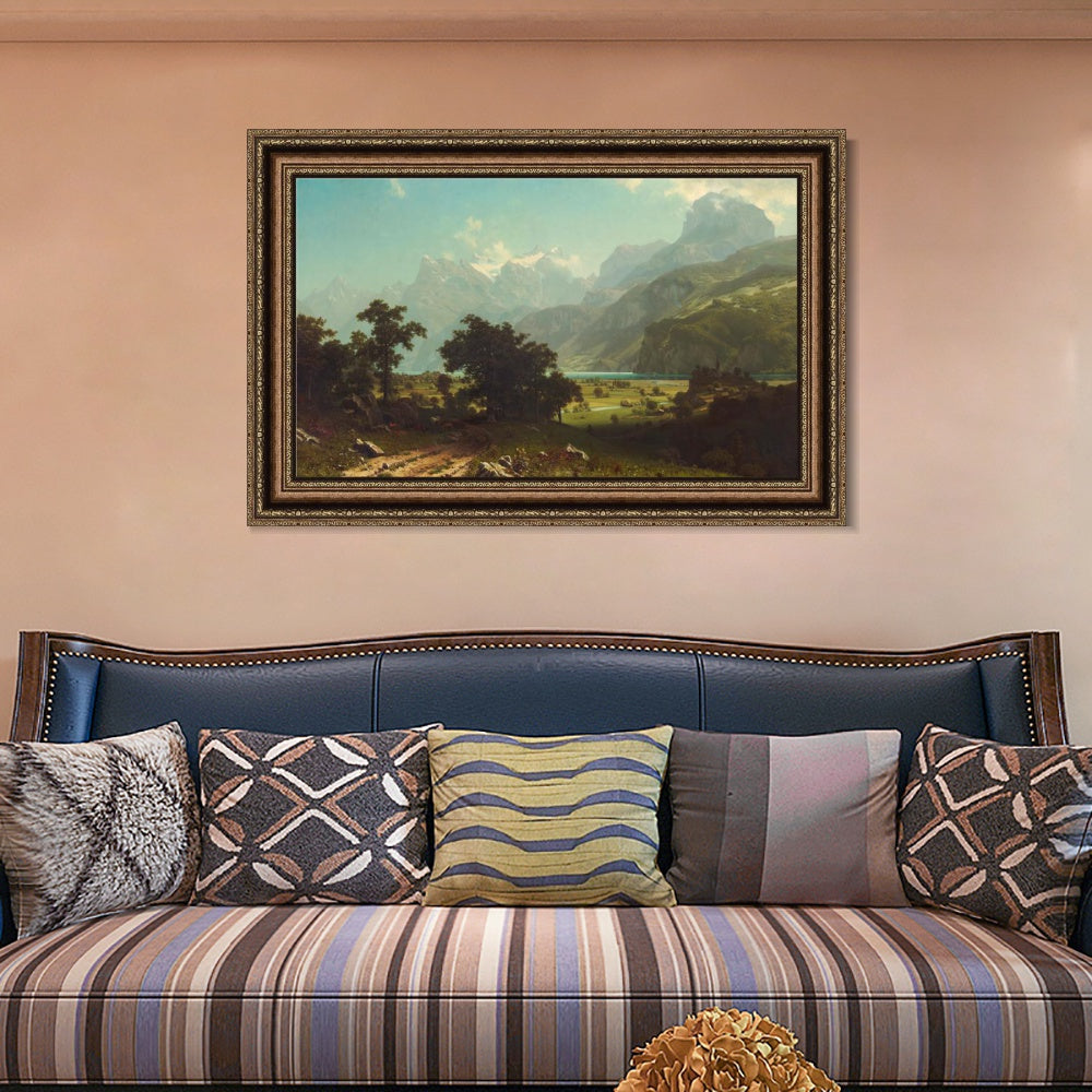 INVIN ART Framed Canvas Art Giclee Print By a Mountain Lake by Albert Bierstadt Wall Art