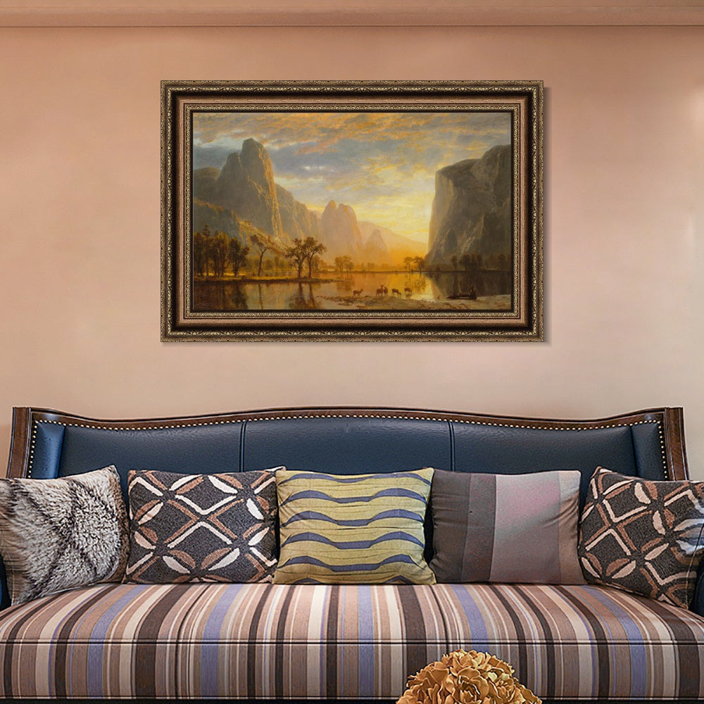 INVIN ART Framed Canvas Art Giclee Print Deer by the lake#2 by Albert Bierstadt Wall Art