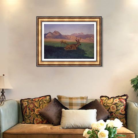 INVIN ART Framed Canvas Art Giclee Print Deer by the lake by Albert Bierstadt Wall Art Living Room Home Office Decorations