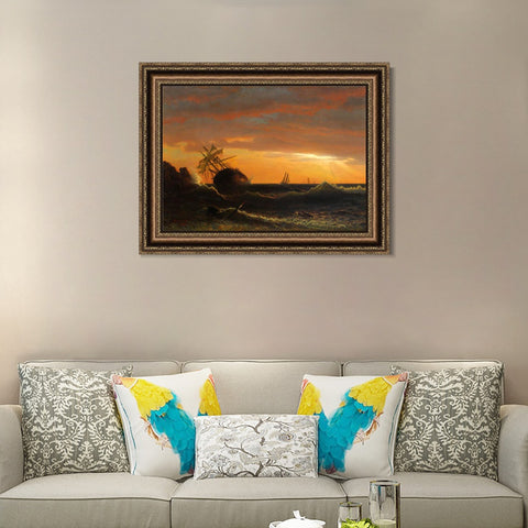 INVIN ART Framed Canvas Art Giclee Print Boat in sunset by Albert Bierstadt Wall Art Living Room Home Office Decorations