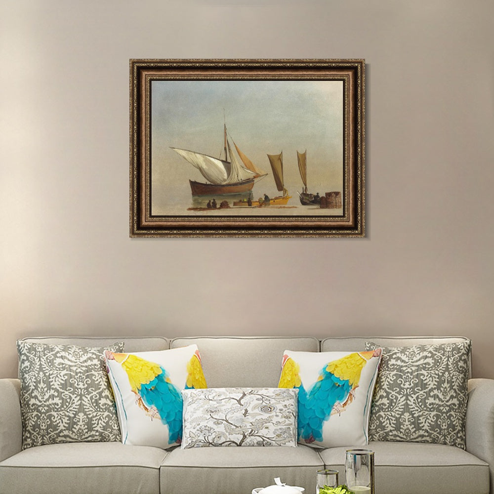 INVIN ART Framed Canvas Art Giclee Print Fishing Boats by Albert Bierstadt Wall Art