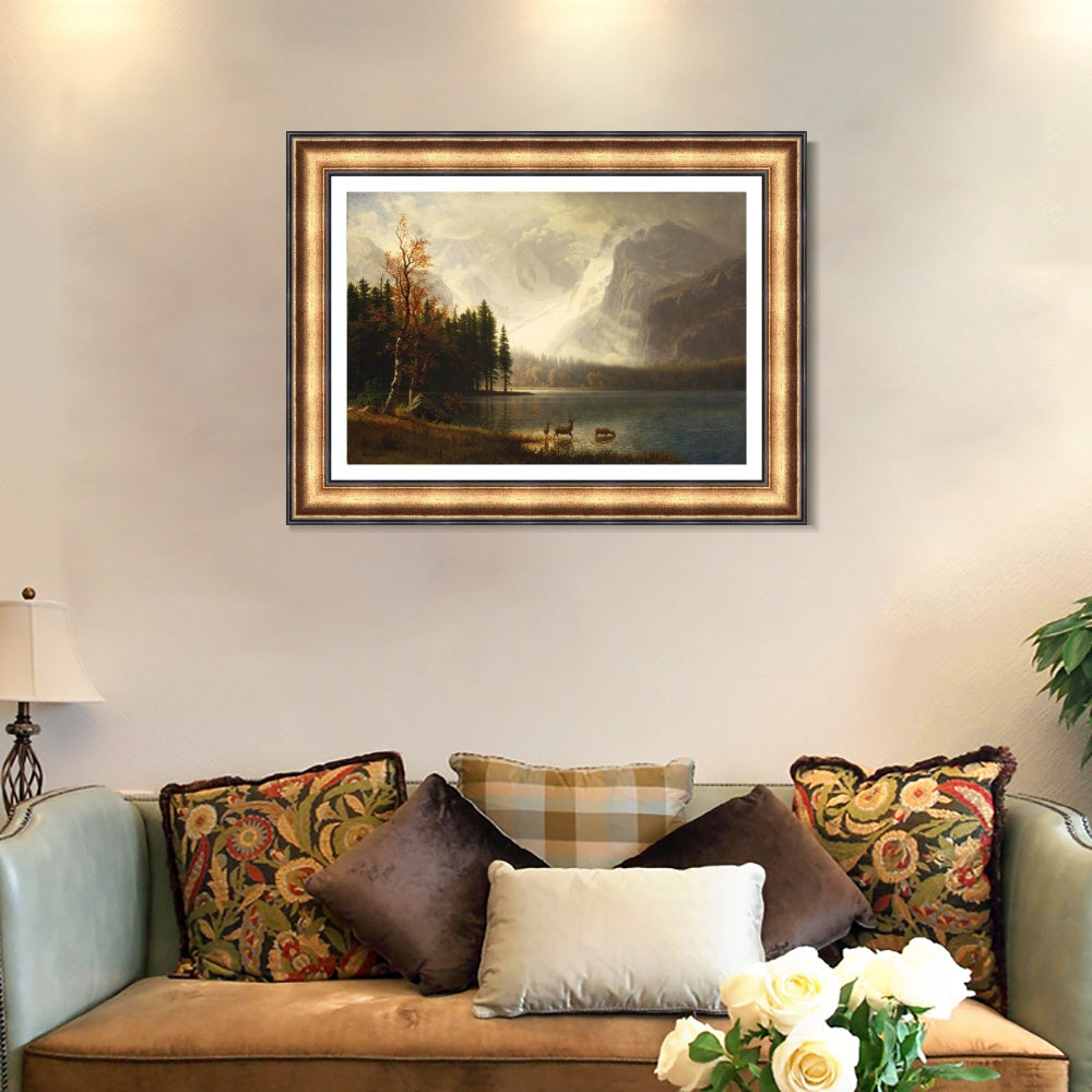 INVIN ART Framed Canvas Art Giclee Print Deer by the lake#2 by Albert Bierstadt Wall Art