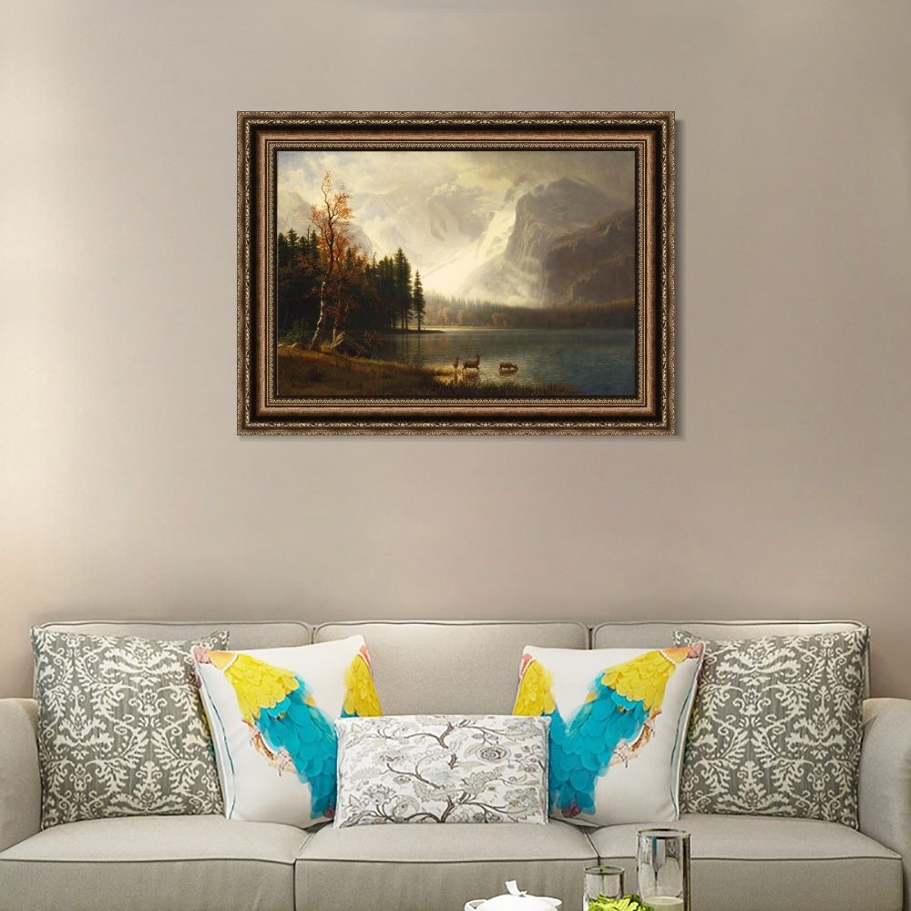 INVIN ART Framed Canvas Art Giclee Print Deer by the lake#2 by Albert Bierstadt Wall Art