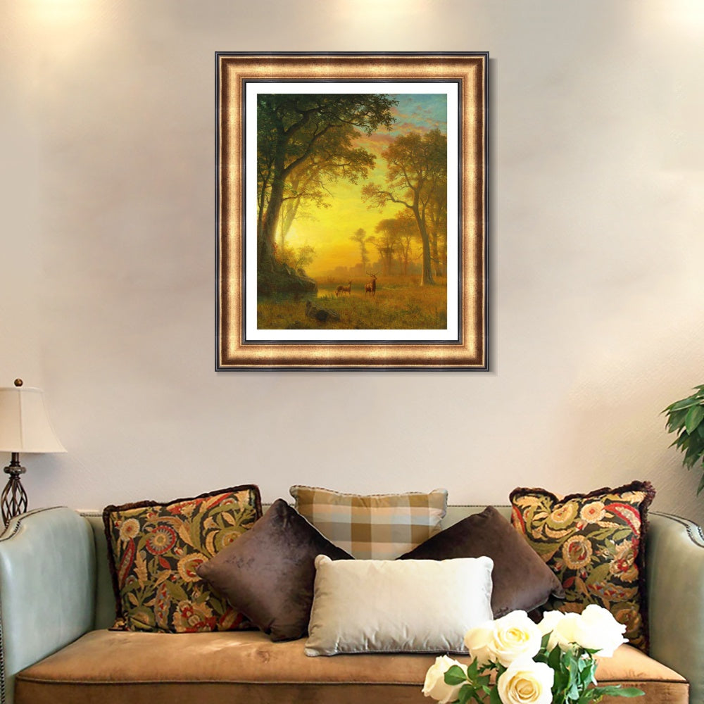 INVIN ART Framed Canvas Art Giclee Print Sunset, Deer, and River by Albert Bierstadt Wall Art