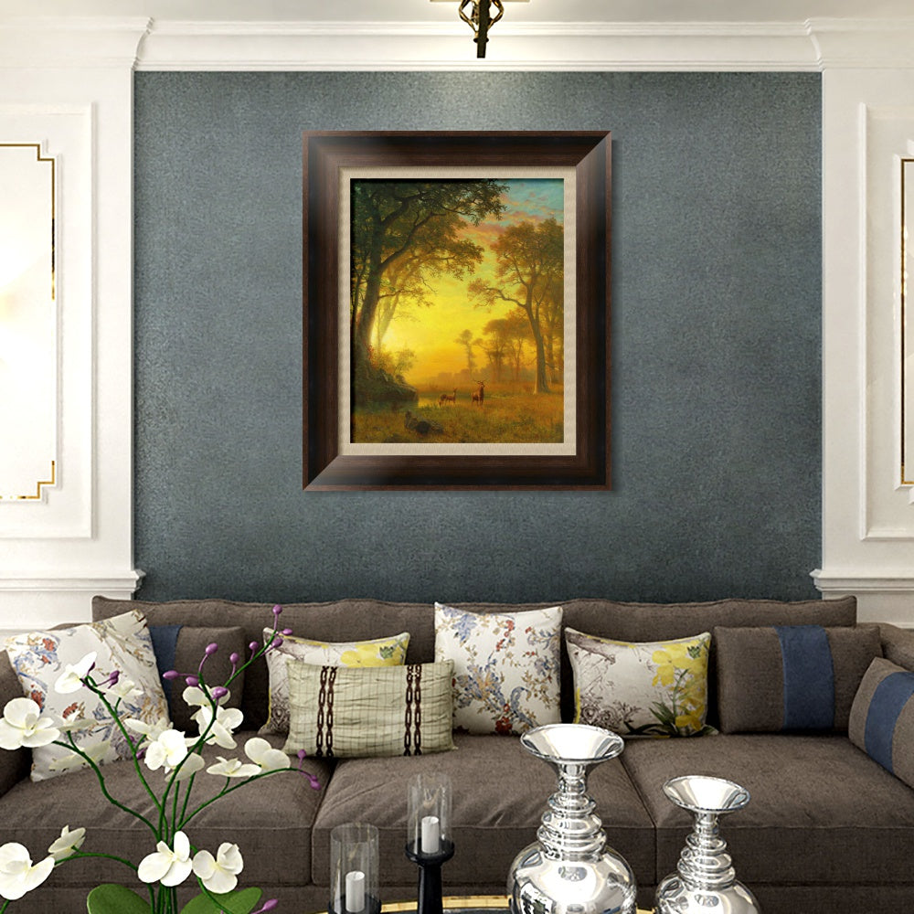 INVIN ART Framed Canvas Art Giclee Print Sunset, Deer, and River by Albert Bierstadt Wall Art