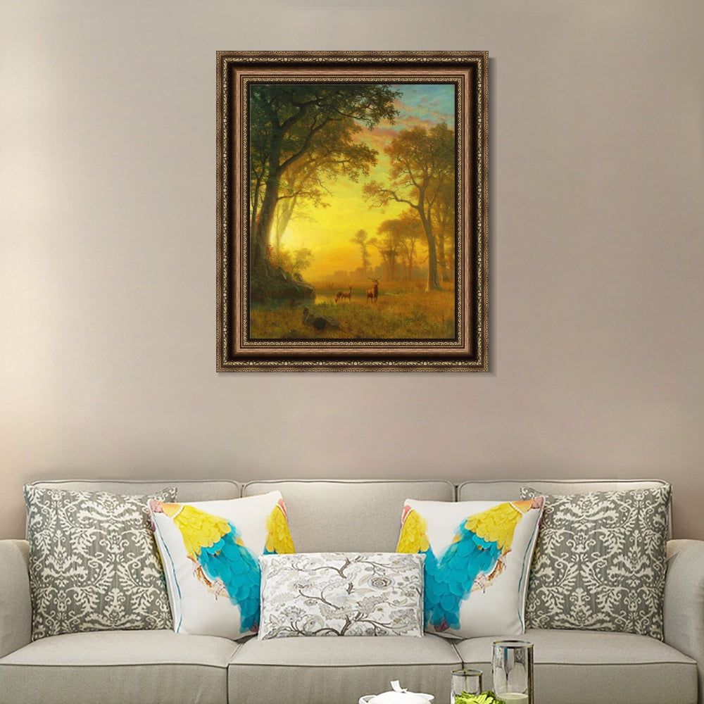 INVIN ART Framed Canvas Art Giclee Print Sunset, Deer, and River by Albert Bierstadt Wall Art