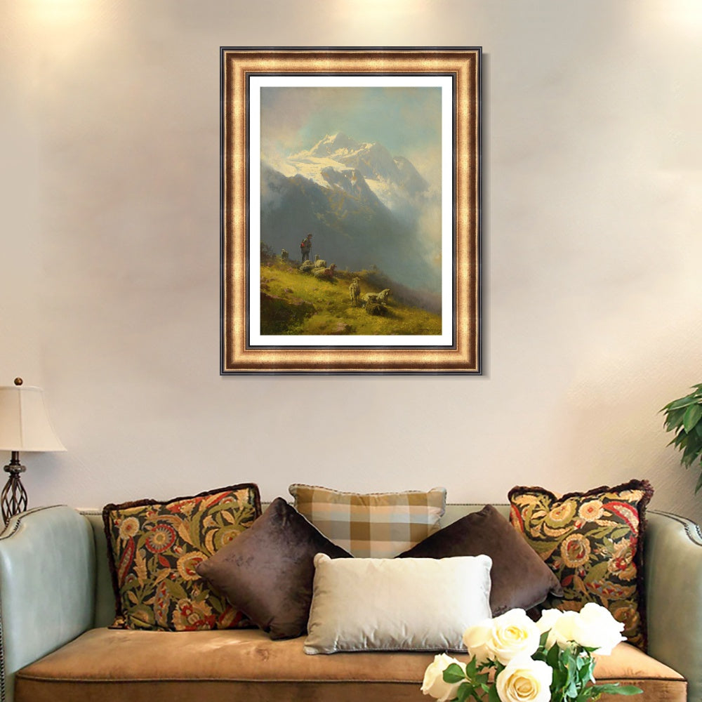 INVIN ART Framed Canvas Art Giclee Print Goatherd and goat under the mountain by Albert Bierstadt Wall Art