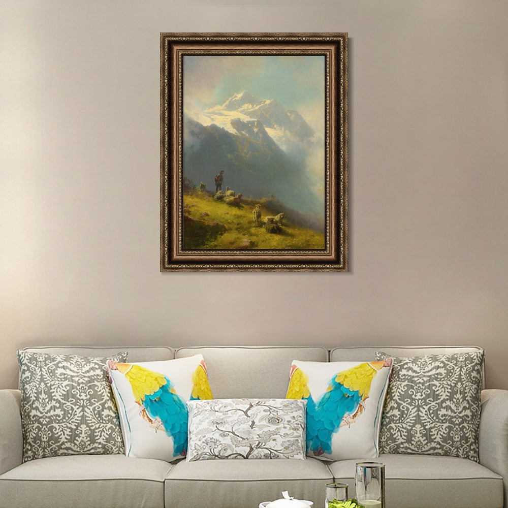 INVIN ART Framed Canvas Art Giclee Print Goatherd and goat under the mountain by Albert Bierstadt Wall Art