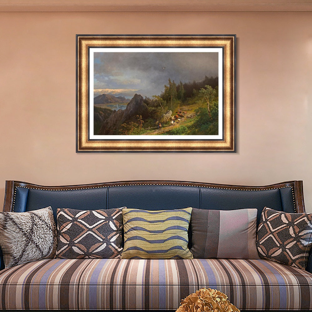 INVIN ART Framed Canvas Art Giclee Print Cattle and sheep on the hillside by Albert Bierstadt Wall Art