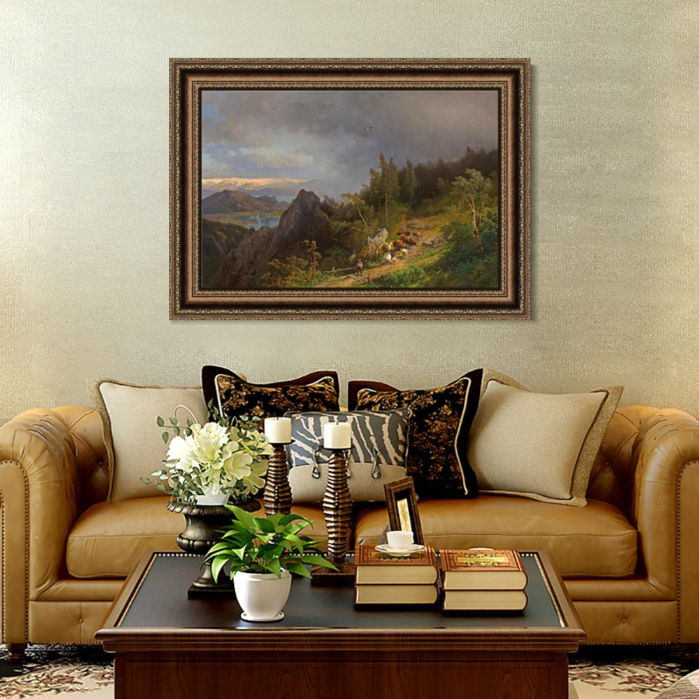 INVIN ART Framed Canvas Art Giclee Print Cattle and sheep on the hillside by Albert Bierstadt Wall Art