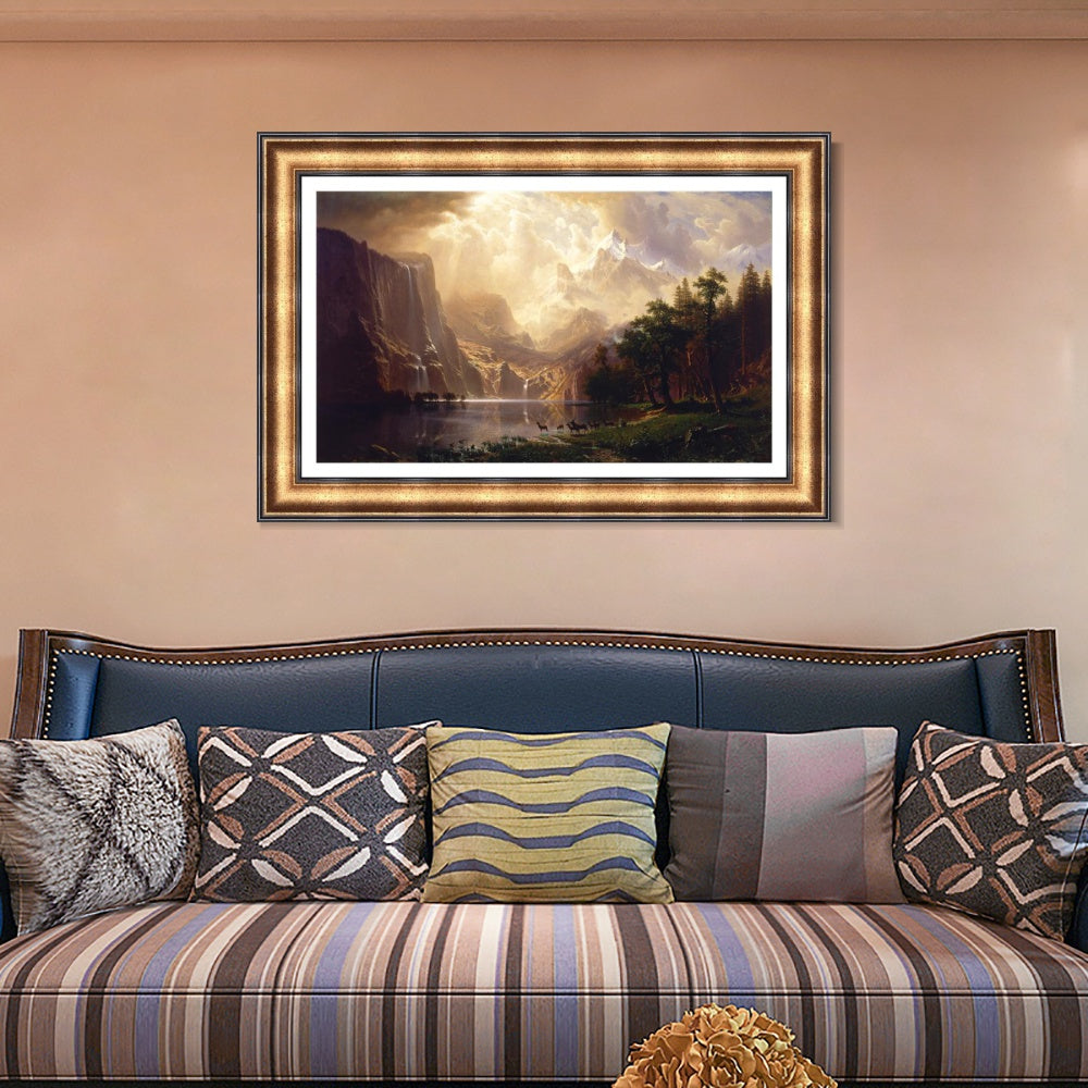 INVIN ART Framed Canvas Art Giclee Print Lake, Mountain, Waterfall, Animals by Albert Bierstadt Wall Art