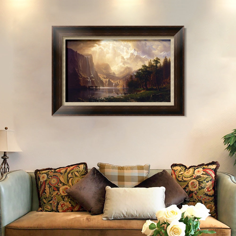 INVIN ART Framed Canvas Art Giclee Print Lake, Mountain, Waterfall, Animals by Albert Bierstadt Wall Art