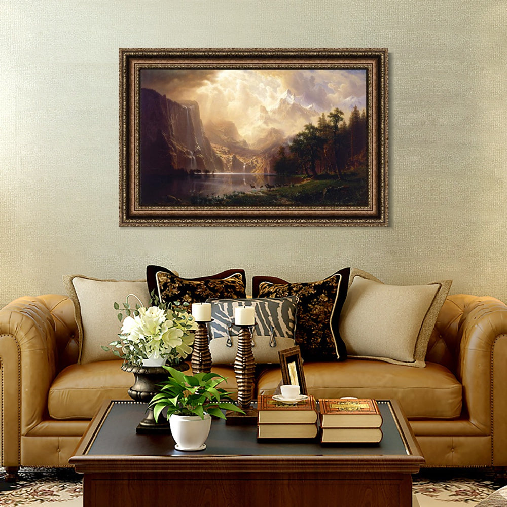 INVIN ART Framed Canvas Art Giclee Print Lake, Mountain, Waterfall, Animals by Albert Bierstadt Wall Art