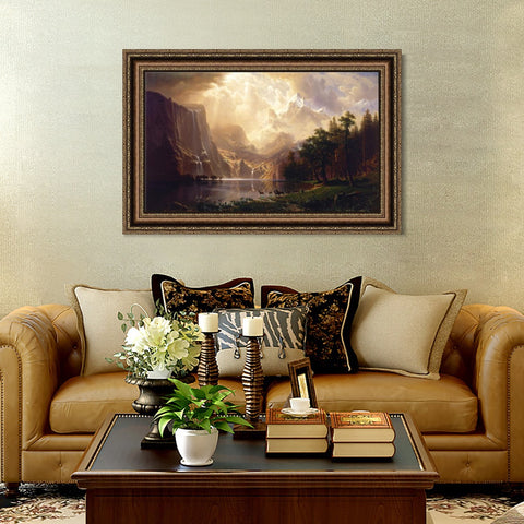 INVIN ART Framed Canvas Art Giclee Print Lake, Mountain, Waterfall, Animals by Albert Bierstadt Wall Art Living Room Home Office Decorations