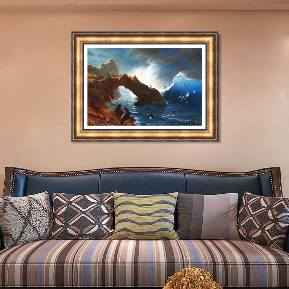 INVIN ART Framed Canvas Art Giclee Print Ses Lion and Waves by Albert Bierstadt Wall Art
