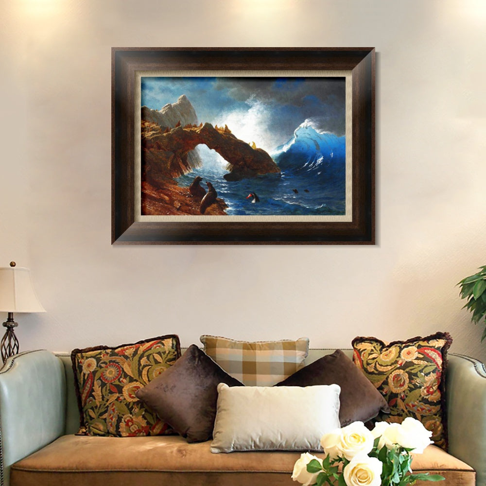 INVIN ART Framed Canvas Art Giclee Print Ses Lion and Waves by Albert Bierstadt Wall Art