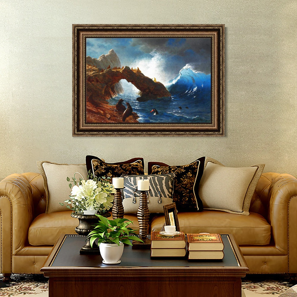 INVIN ART Framed Canvas Art Giclee Print Ses Lion and Waves by Albert Bierstadt Wall Art