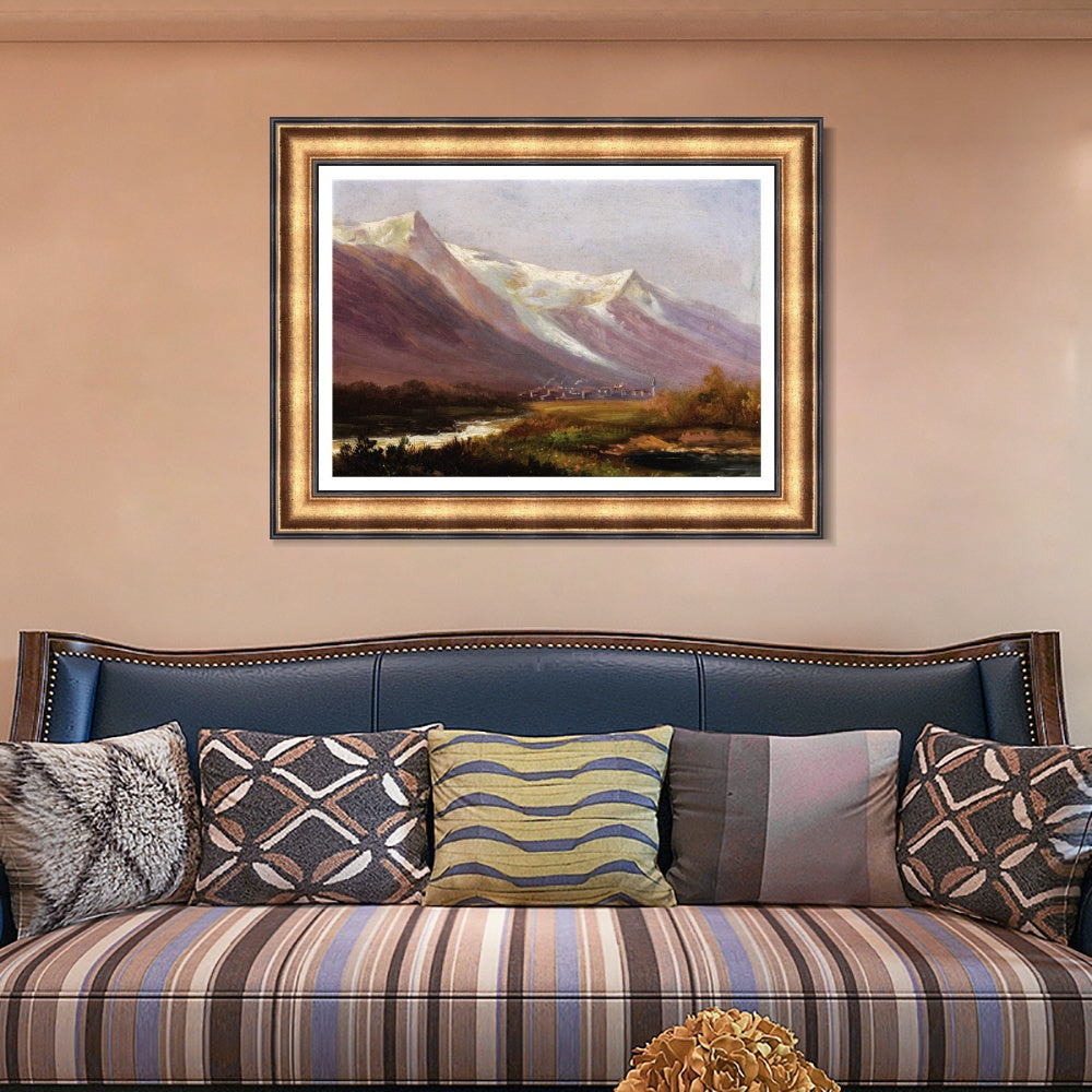 INVIN ART Framed Canvas Art Giclee Print Village at the foot of snow  mountains by Albert Bierstadt Wall Art