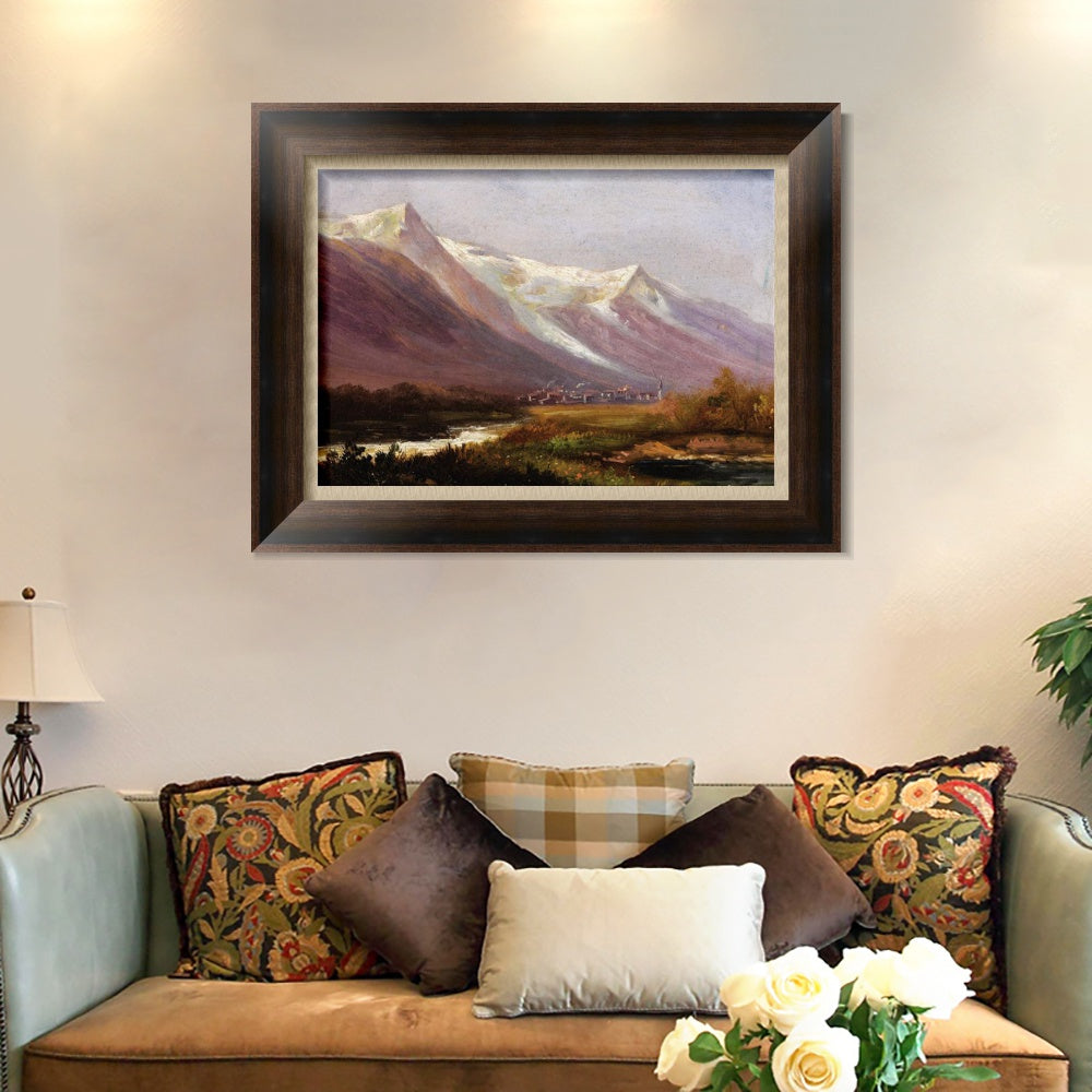 INVIN ART Framed Canvas Art Giclee Print Village at the foot of snow  mountains by Albert Bierstadt Wall Art