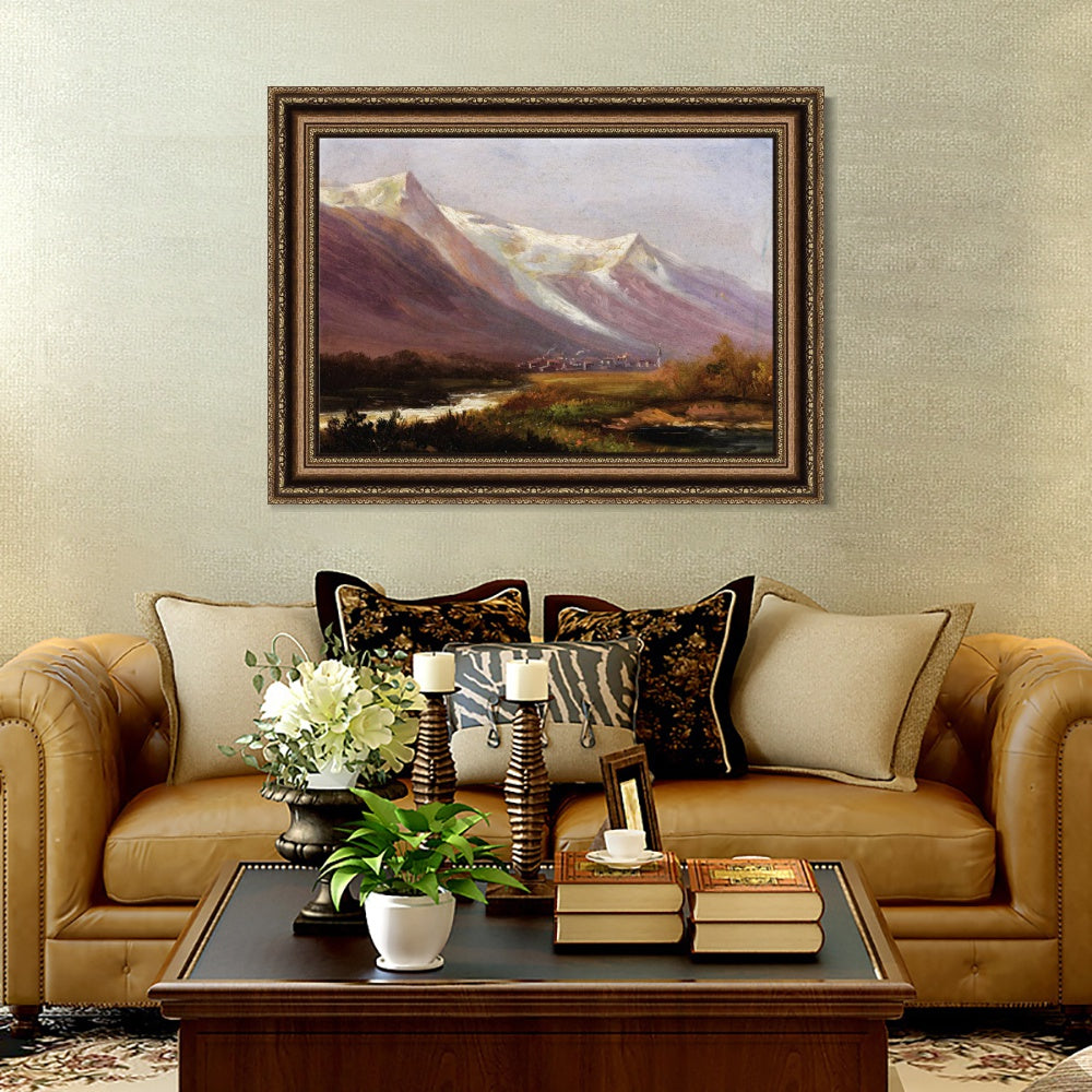INVIN ART Framed Canvas Art Giclee Print Village at the foot of snow  mountains by Albert Bierstadt Wall Art