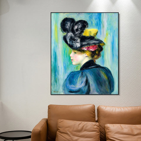 INVIN ART Framed Canvas JEUNE FEMME AU CHAPEAU NOIR by Pierre Auguste Renoir Wall Art Living Room Home Office Decorations