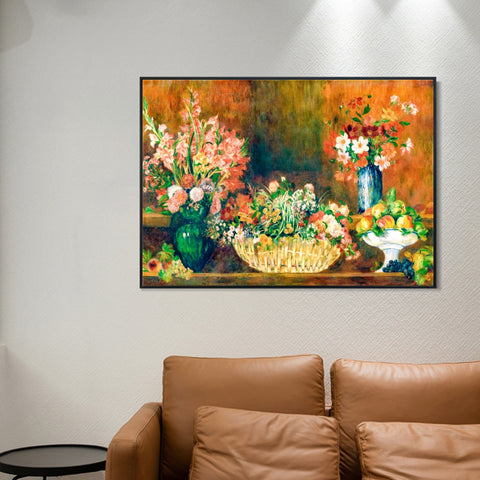 INVIN ART Framed Canvas Still Life with Flowers and Fruit by Pierre Auguste Renoir Wall Art Living Room Home Office Decorations