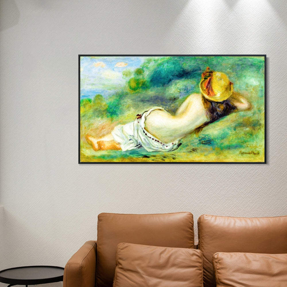 INVIN ART Framed Canvas BAIGNEUSE ALLONGEE DE DOS AVEC UN CHAPEAU DE PAILLE OR FEMME COUCHEE SUR L'HERBE by Pierre Auguste Renoir Wall Art Living Room Home Office Decorations