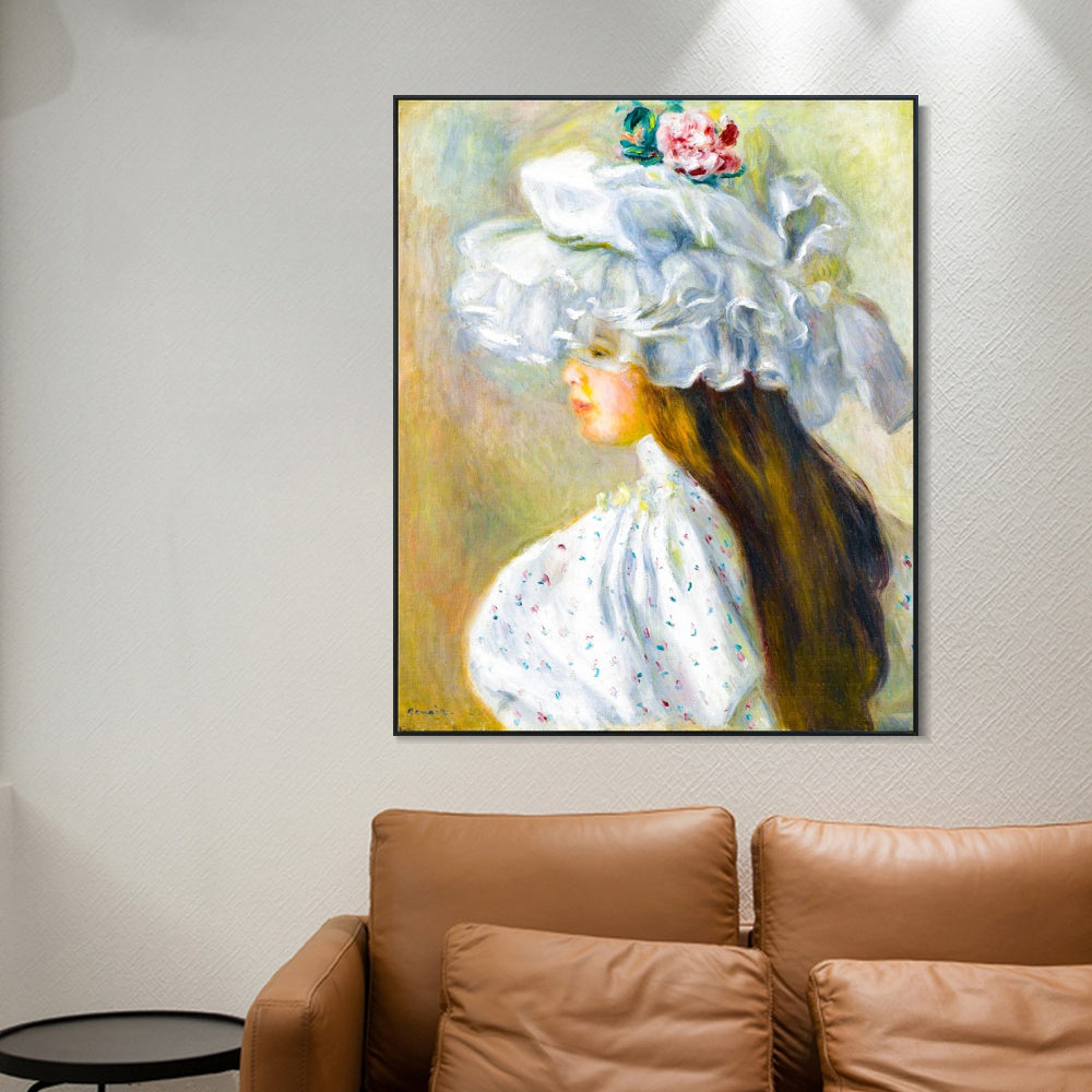 INVIN ART Framed Canvas FEMME AU CHAPEAU BLANC by Pierre Auguste Renoir Wall Art Living Room Home Office Decorations