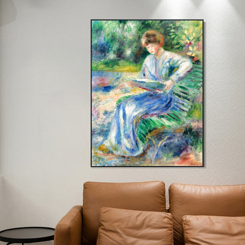 INVIN ART Framed Canvas FEMME LISANT SUR UN BANC by Pierre Auguste Renoir Wall Art Living Room Home Office Decorations