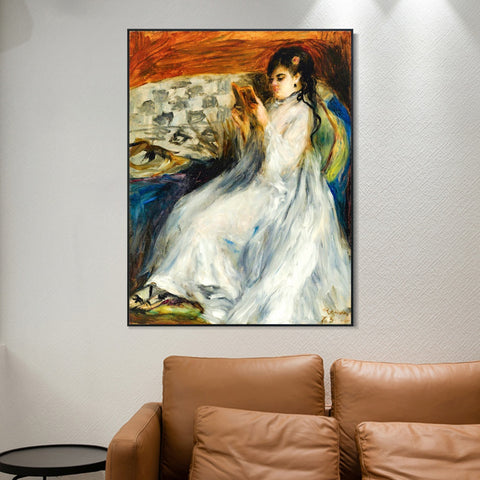 INVIN ART Framed Canvas JEUNE FEMME EN BLANC LISANT by Pierre Auguste Renoir Wall Art Living Room Home Office Decorations