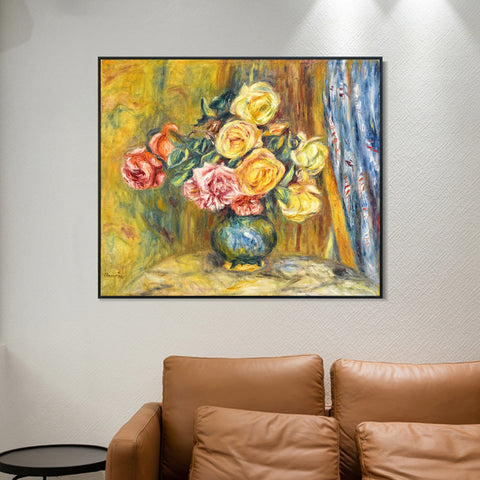 INVIN ART Framed Canvas LES ROSES AU RIDEAU BLEU by Pierre Auguste Renoir Wall Art Living Room Home Office Decorations