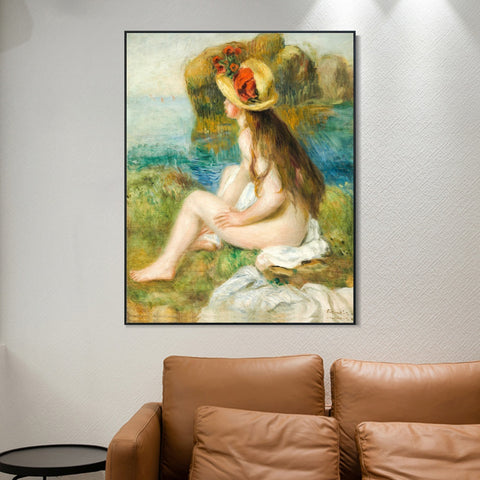 INVIN ART Framed Canvas NU AU CHAPEAU DE PAILLE ASSIS EN BORDURE DE MER by Pierre Auguste Renoir Wall Art Living Room Home Office Decorations