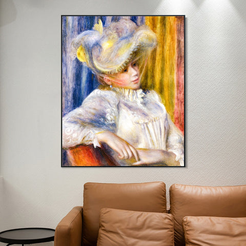 INVIN ART Framed Canvas Woman with a Hat by Pierre Auguste Renoir Wall Art Living Room Home Office Decorations