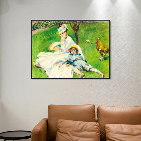 INVIN ART Framed Canvas Madame Monet and Her Son by Pierre Auguste Renoir Wall Art Living Room Home Office Decorations