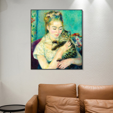 INVIN ART Framed Canvas Woman with a Cat by Pierre Auguste Renoir Wall Art Living Room Home Office Decorations