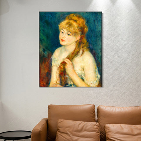 INVIN ART Framed Canvas Young Woman Braiding Her Hair by Pierre Auguste Renoir Wall Art Living Room Home Office Decorations