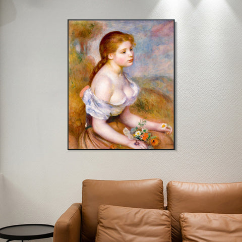 INVIN ART Framed Canvas A Young Girl with Daisies by Pierre Auguste Renoir Wall Art Living Room Home Office Decorations