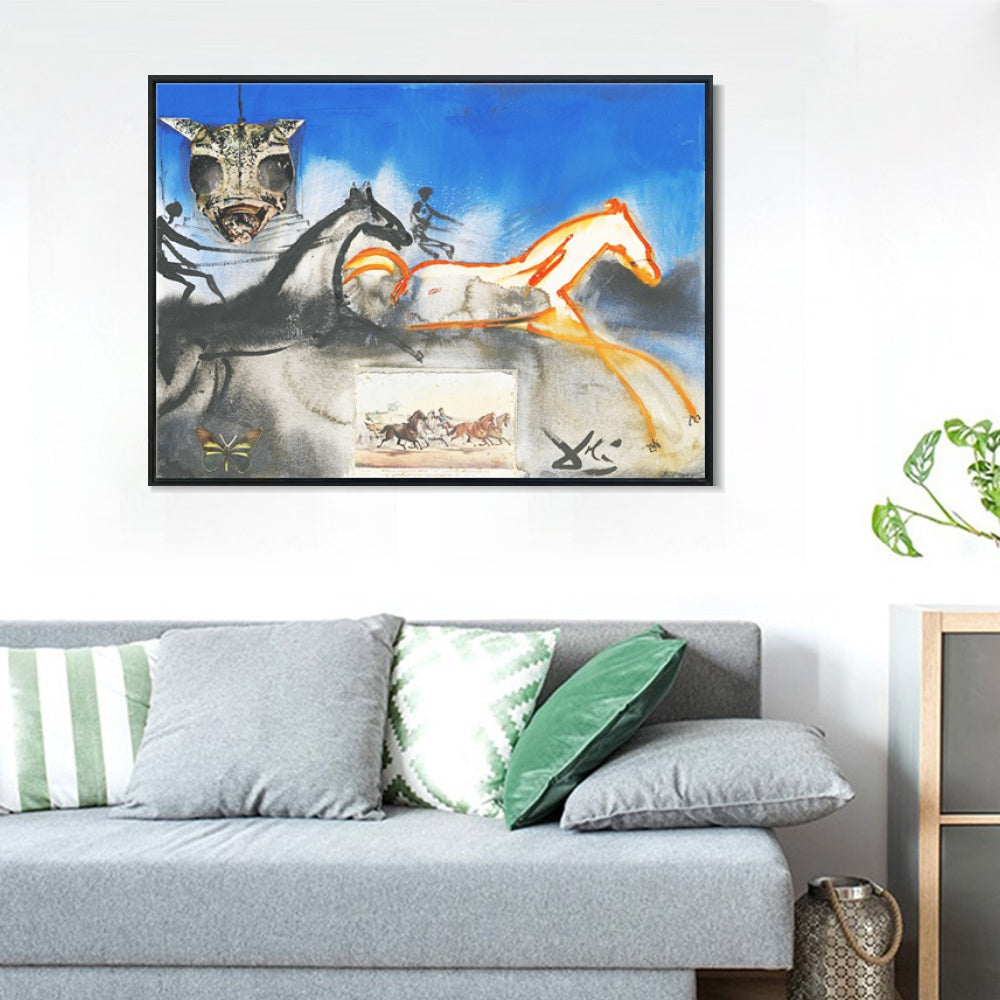 INVIN ART Framed Canvas American Trotting Horses No. 2 (Currier And Ives) 1971 by Salvador Dal Wall Art Living Room Home Office Decorations